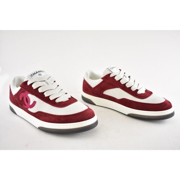 Chanel 23P Burgundy Suede White CC Logo Flat Lace Up Runner Trainer Sneaker 37 - Picture 7 of 15